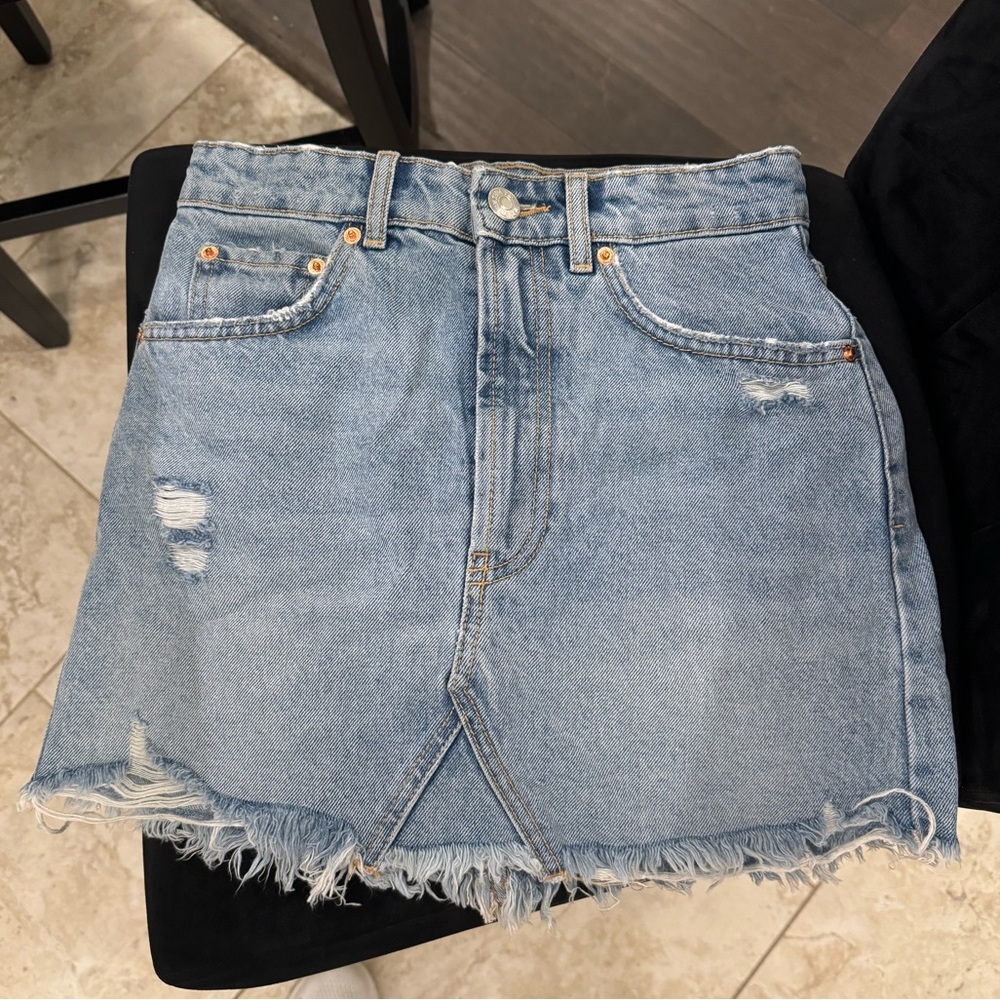 Zara high waisted distressed denim mini skirt